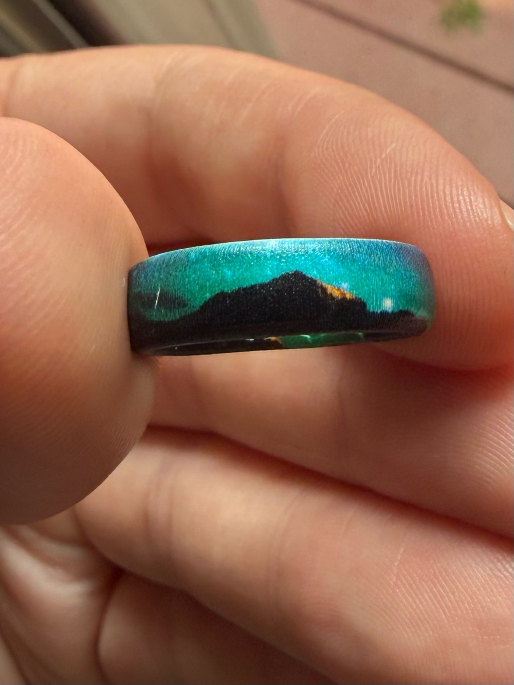 Teal and Black Aurora borealis Mountain Scenic Wedding Band Size 6